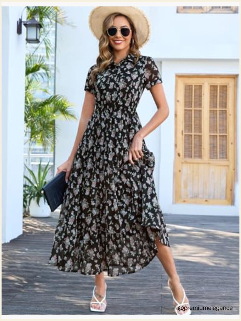 Floral Maxi Dress with Pockets, V-Neck, Tiered Skirt, Chiffon - Picture 5 of 7